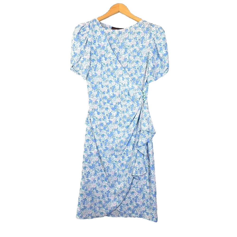 Vtg 80s Peplum Blue Floral Wrap Dress Puff Sleeve Ruffles Cottagecore S M USA